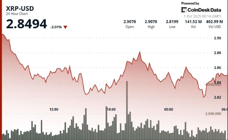 XRP تتماسك عند 2.85 دولار بعد تذبذب 3% وآمال الصناديق المتداولة تتأثر بموجة جني الأرباح