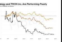 رسم بياني: أداء استراتيجية وشركة ترون يتأخران بشكل ملحوظ أمام البيتكوين هذا العام