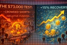 اختبار الـ 73,000 دولار: المراكز القصيرة المزدحمة والتمويل السلبي يدفعان تعافي البيتكوين بنسبة 15%