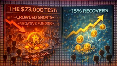 اختبار الـ 73,000 دولار: المراكز القصيرة المزدحمة والتمويل السلبي يدفعان تعافي البيتكوين بنسبة 15%