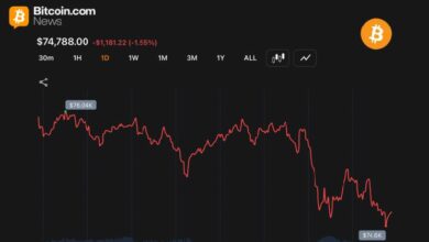 بيتكوين يهبط إلى 74,530 دولارًا وخسائر المتداولين الطويلة تبلغ 106 ملايين دولار