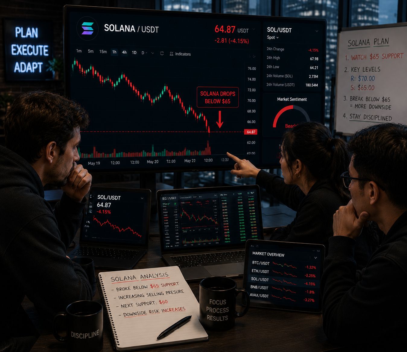 سولانا ينخفض دون 65 دولارًا مع استمرار ضعف الطلب والإشارات الهبوطية